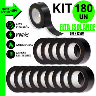 Kit 180/150/120/100 Unidades Fitas Isolantes Pretas PVC 5m x 17mm Antichamas Alta Aderência