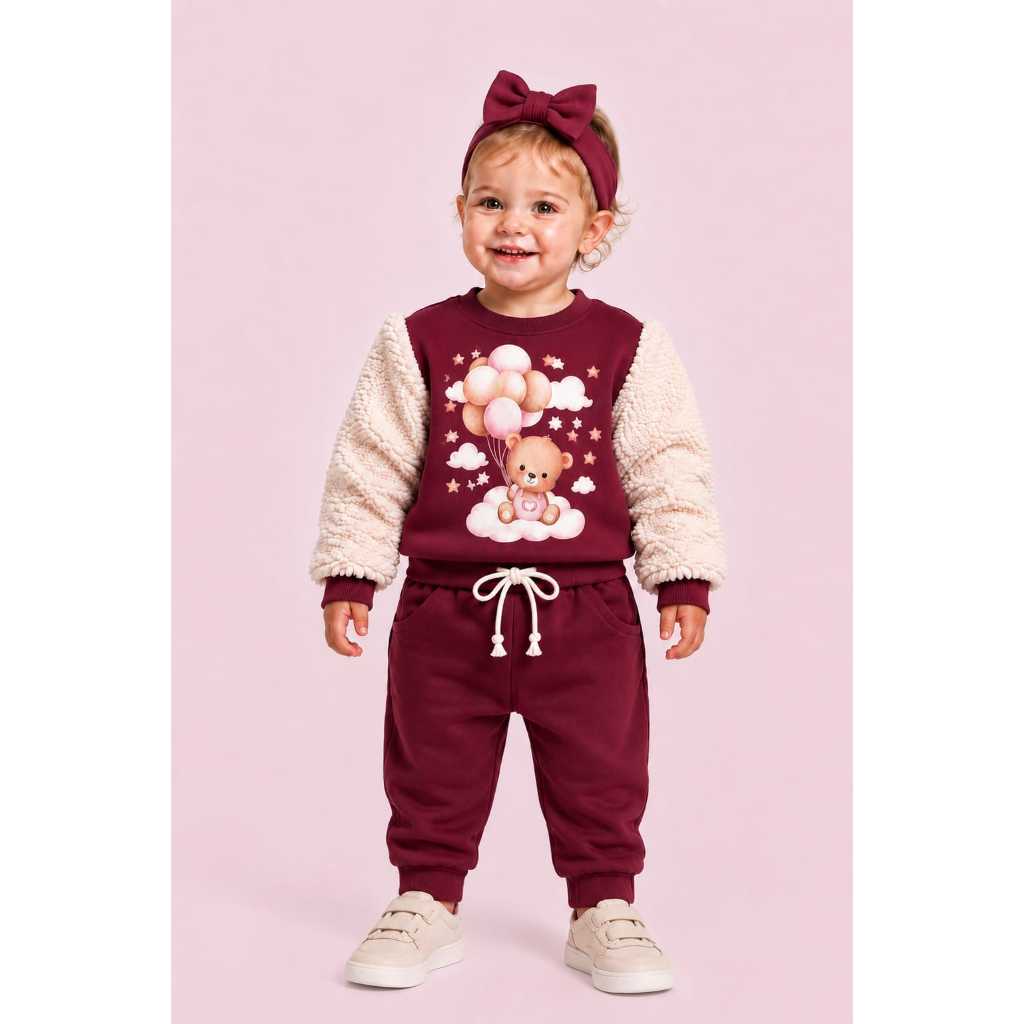 Conjunto de Moleton Menina Infantil Bebê Recém Nascido Manga Peluciada 3 Peças Calça Blusa e Laço