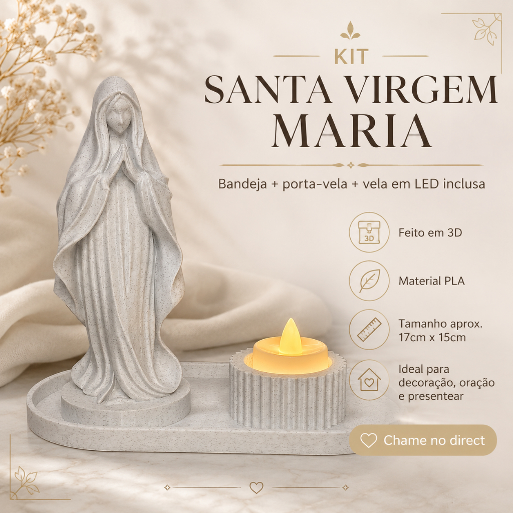 Kit Santa Virgem Maria Decorativo 3D com Bandeja + Porta Vela LED Decorativa Religioso 3D