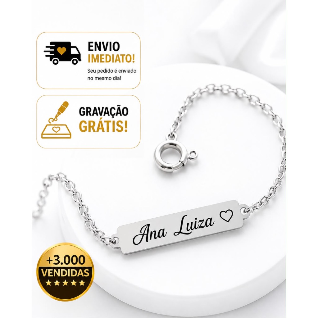 Pulseira Infantil RN Bebê Prata Personalizada Com Gravação Grátis Nome