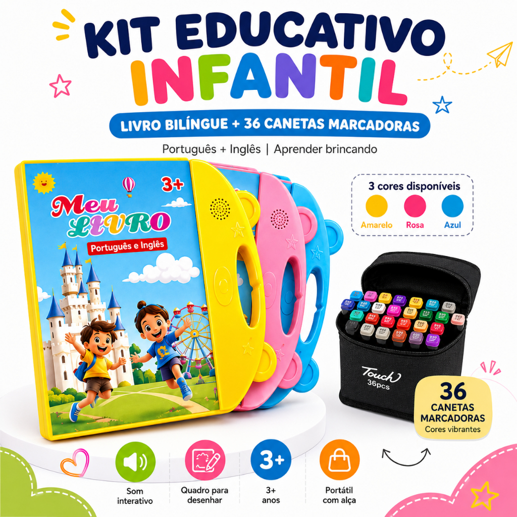 Livro Interativo com Som Infantil Bilíngue Português Inglês Multi Temas Toque Educativo Aprendizagem