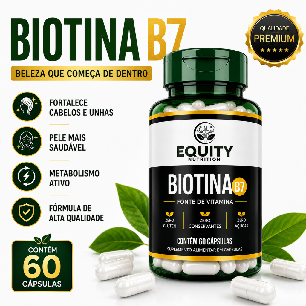 Detalhes do Biotina B7 60 Cápsulas Cabelo Forte Pele Saudável Unhas Resistentes Equity Nutrition