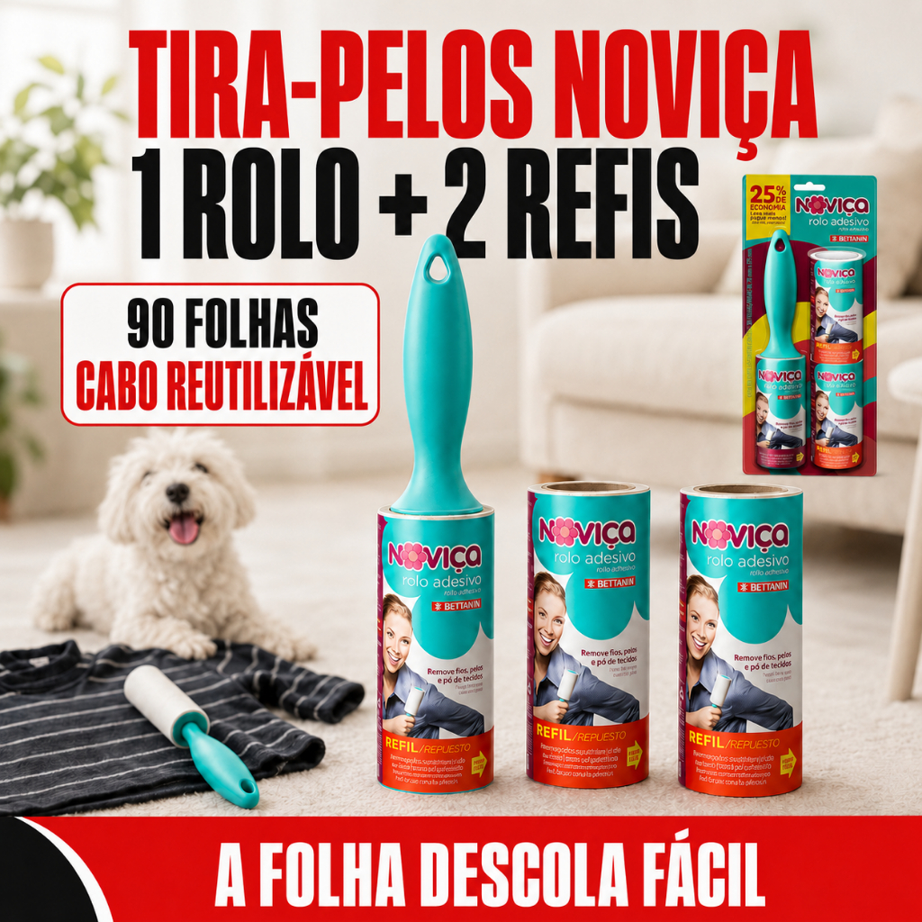 Rolo Adesivo Tira Pelos Noviça Bettanin Original + 2 Refis 90 Folhas Pet Roupa Sofá Removedor