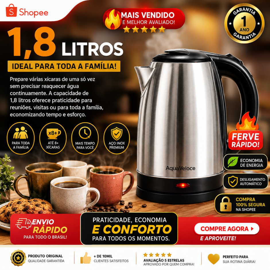 Chaleira Elétrica Inox 1,8L 1000W 127V Base 360° Desligamento Automático Aquecimento Rápido