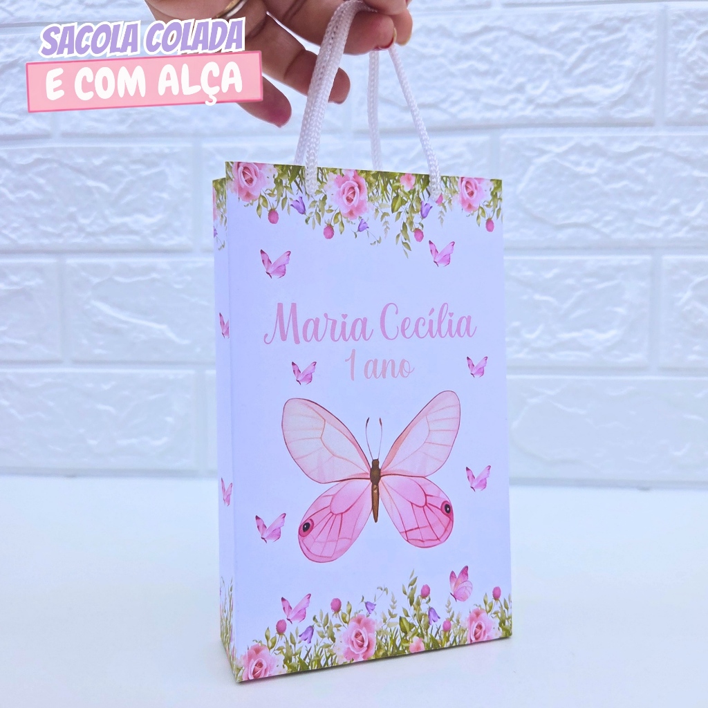 Sacolinha Personalizada Borboleta Rosa P | Sacolinha Surpresa | Lembrancinha de Festa | Aniversário