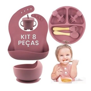 Kit Talheres Silicone Bebê 8 Peças Prato Infantil com Ventosa Copo Antivazamento Babador