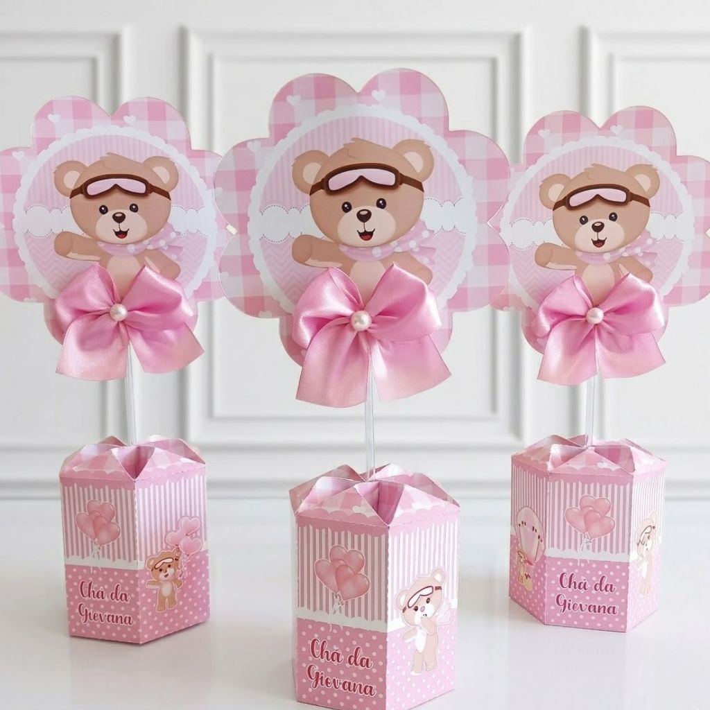 Centro de mesa Chá de Bebê Ursinha Baloeira Enfeite de Mesa Personalizados Cachepo PEGUE E MONTE