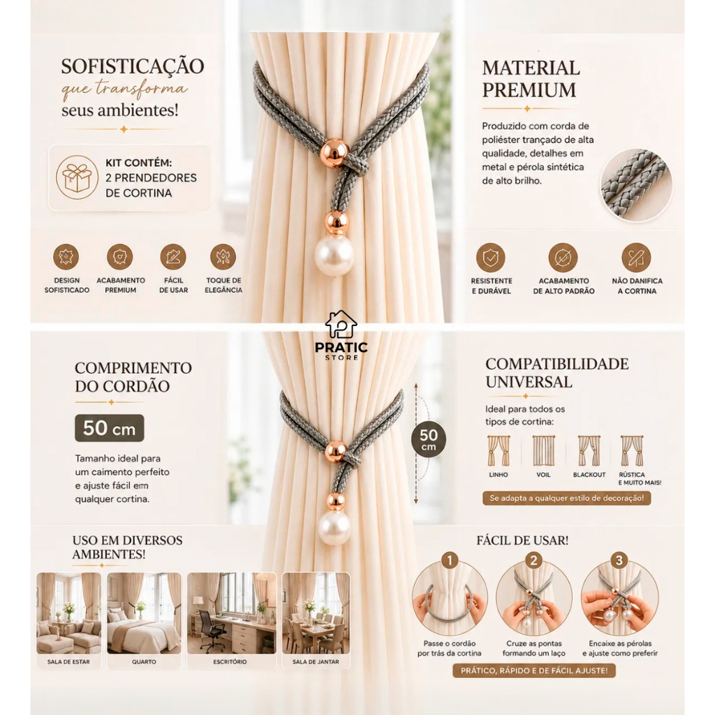 Kit 2 Prendedores de Cortina Ajustável Pérola Luxo Amarrador Par de Presilhas Premium — imagem 2 de 2