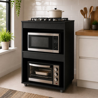 Balcão p/ Cooktop 4 ou 5 Bocas Preto Cozinha Moderna Organizador Armário 2 Nichos Tampo - TrialMoveis