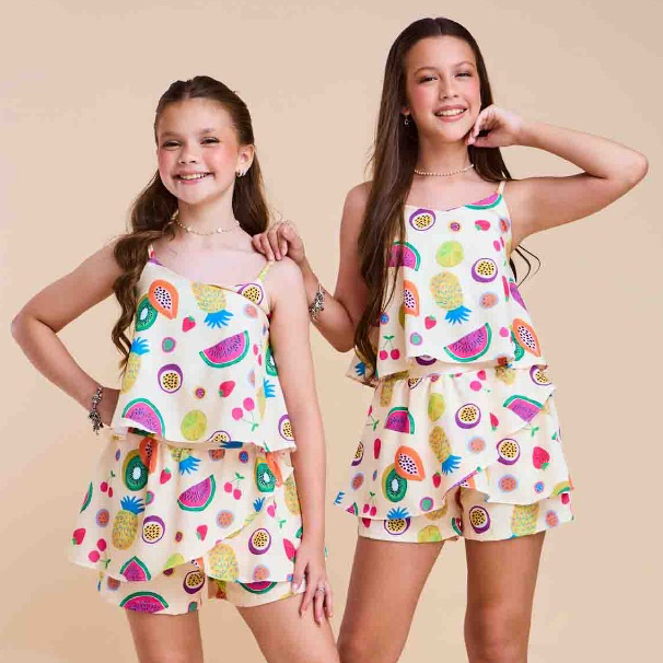 Conjunto Infantil Feminino Estampado Frutas Blusa de Alcinha e Short Verão Menina Casual