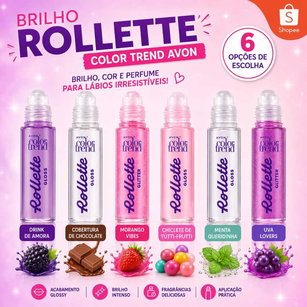 ✨ Brilho Labial Roller Color Trend 💖 Lip Gloss Roller 6 Cores Frutadas 🍓 Hidratação e Brilho