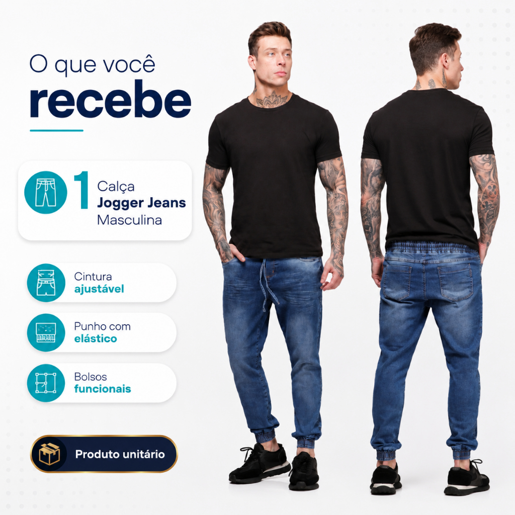 CALÇA JOGGER MASCULINA JEANS STRETWEAR COM PUNHO AJUSTAVEL  - Calca Joger para Homem 2026