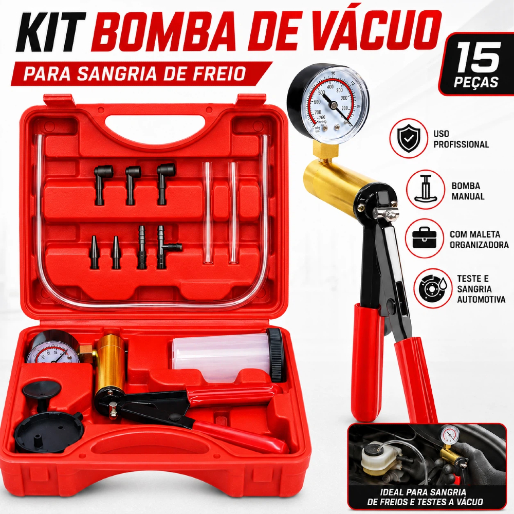 Kit 15 Peças Teste Bomba Vácuo  Para Sangramento de Freio Automotivo - Ferramenta Manual Profissional