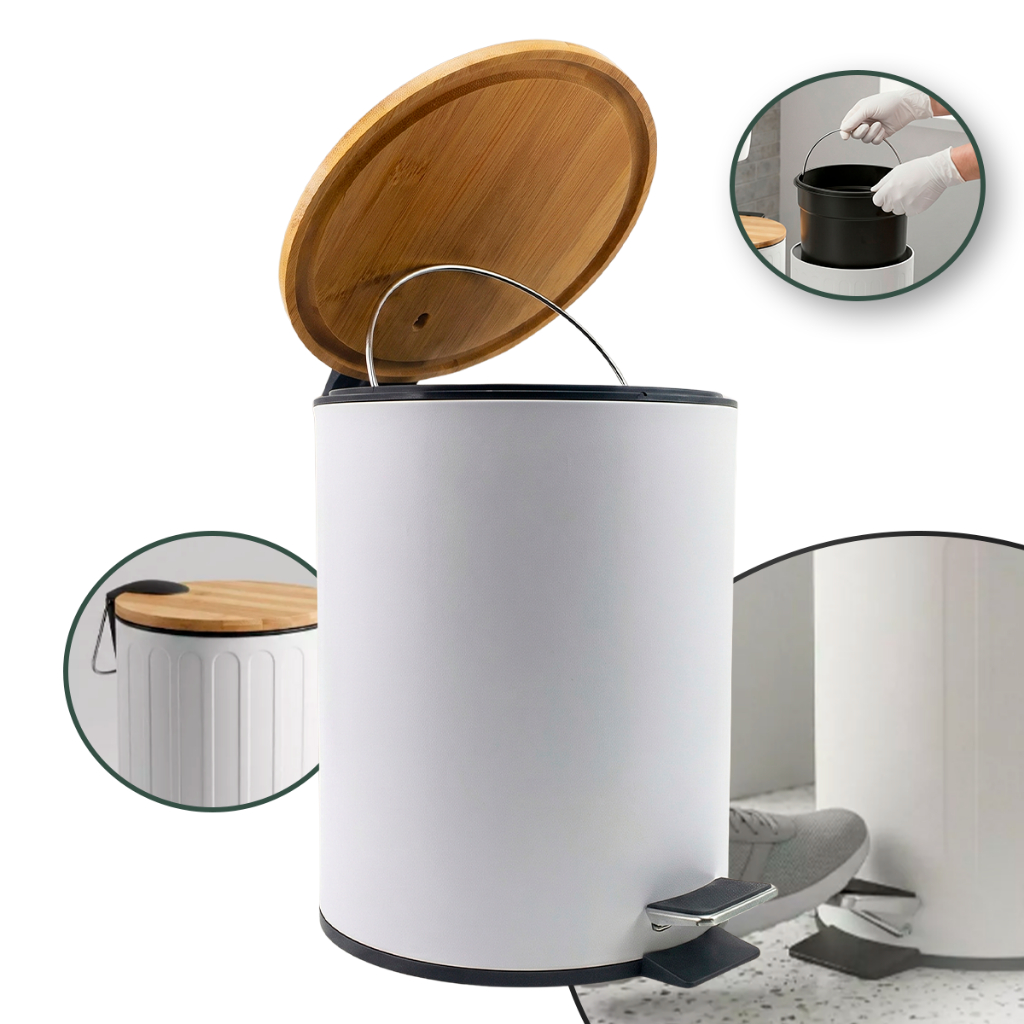 ️ Lixeira Inox 3 Litros com Tampa de Bambu e Pedal – Cesto Removível com Alça para Banheiro , Cozinha ️ e Escritório