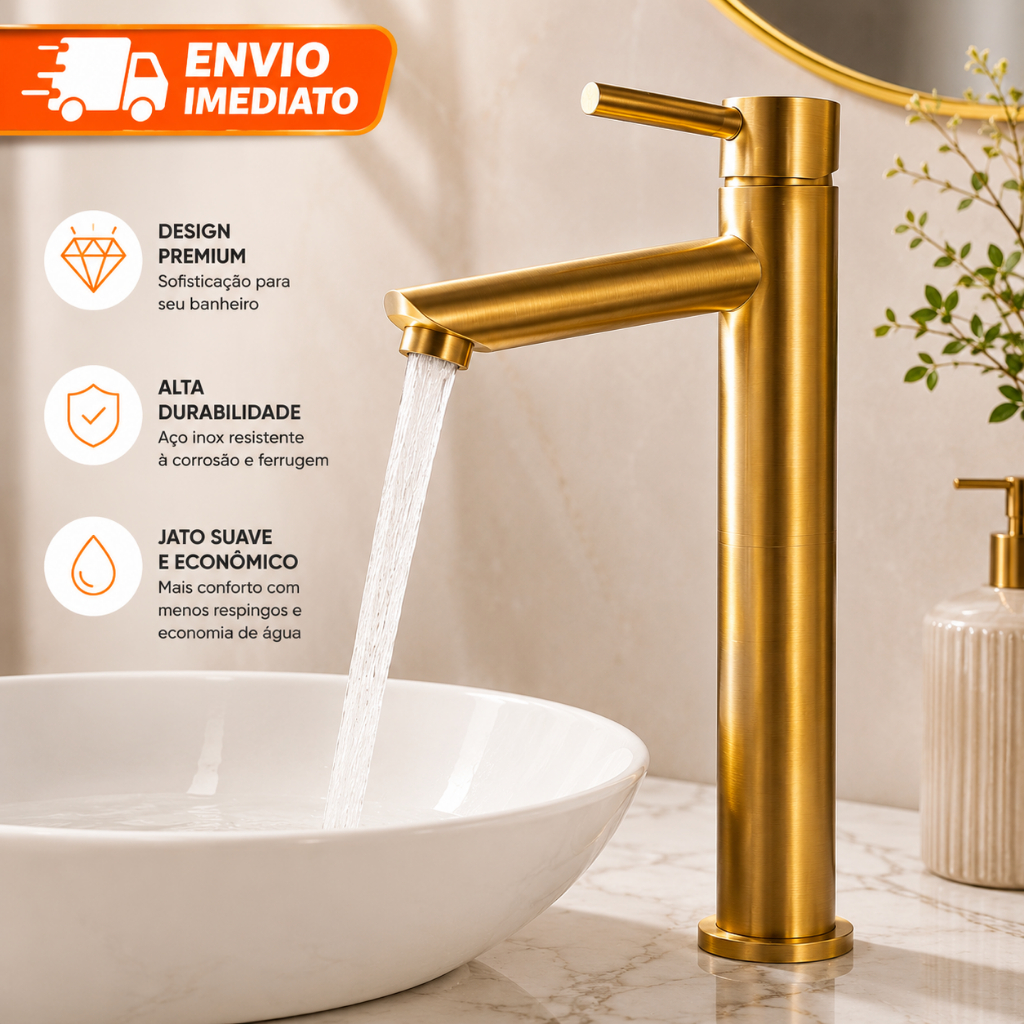 Torneira para Banheiro Alta Dourada - Design Moderno, Funcionamento Eficiente, Aço Inox Resistente