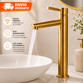 Torneira para Banheiro Alta Dourada - Design Moderno, Funcionamento Eficiente, Aço Inox Resistente