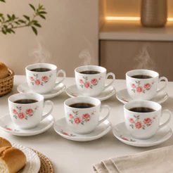 Jogo 6 Xícaras com Pires de Vidro Fratelli Floral 220ml Chá e Café Mesa Posta