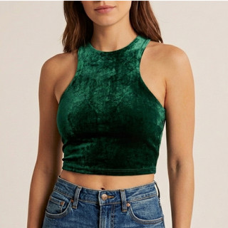 Top Cropped Feminino Veludo Gola Alta Sem Manga Regata Elegante Casual Festa Academia