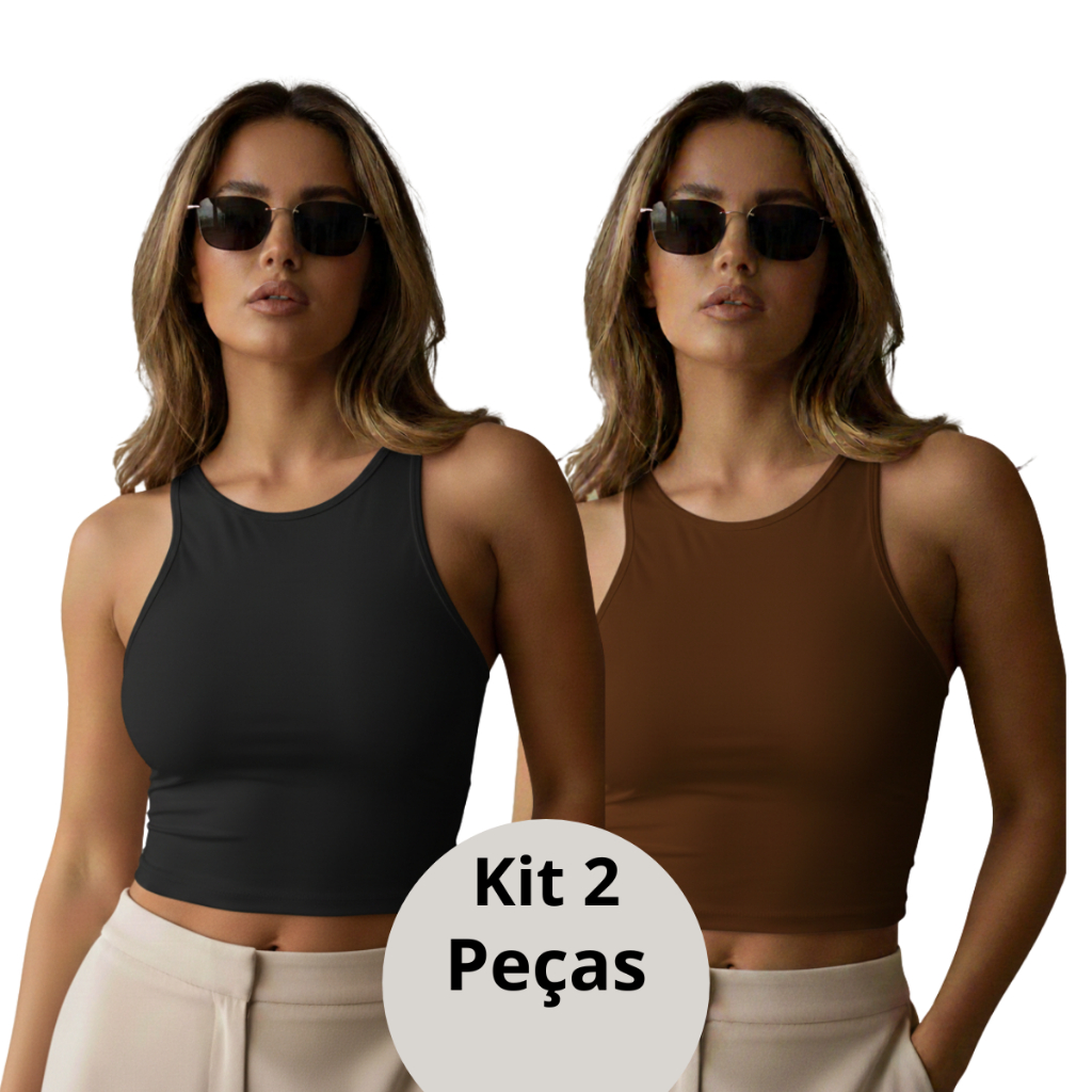 Kit 2 Cropped Top Feminino Regata Liso Micropremium Slim Para academia-Festas Verão Forro Duplo  Com Compressão Premium