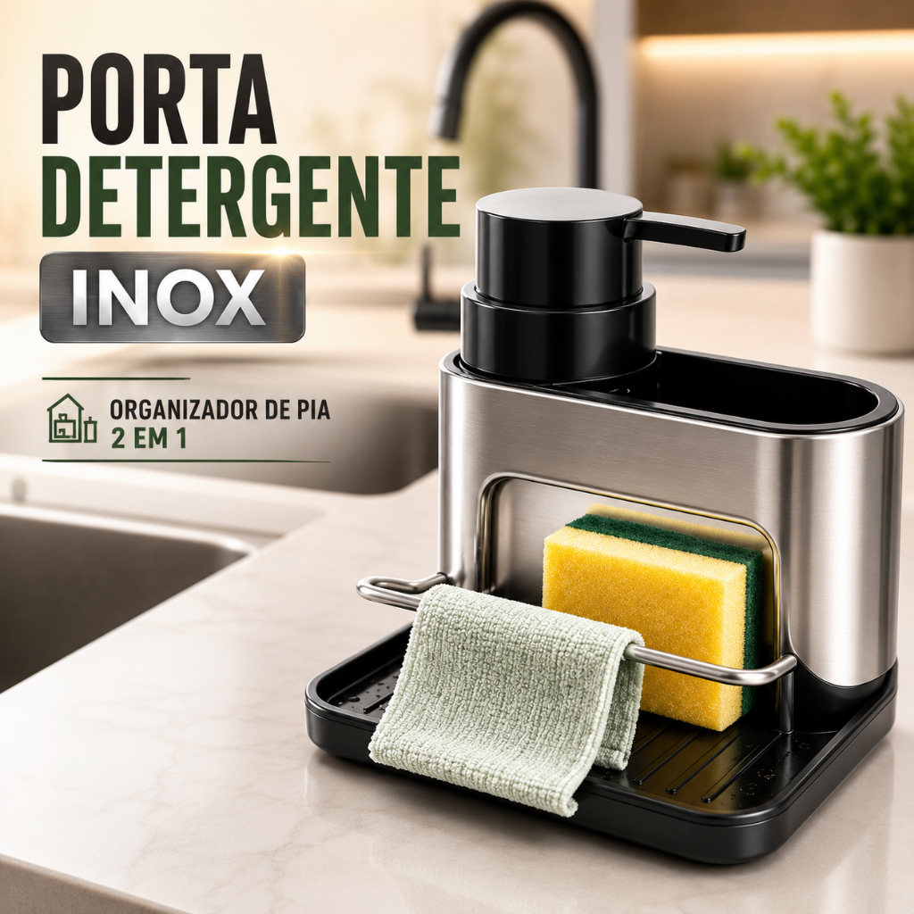 Porta Detergente Inox Organizador de Pia Dispenser para Esponja Cozi