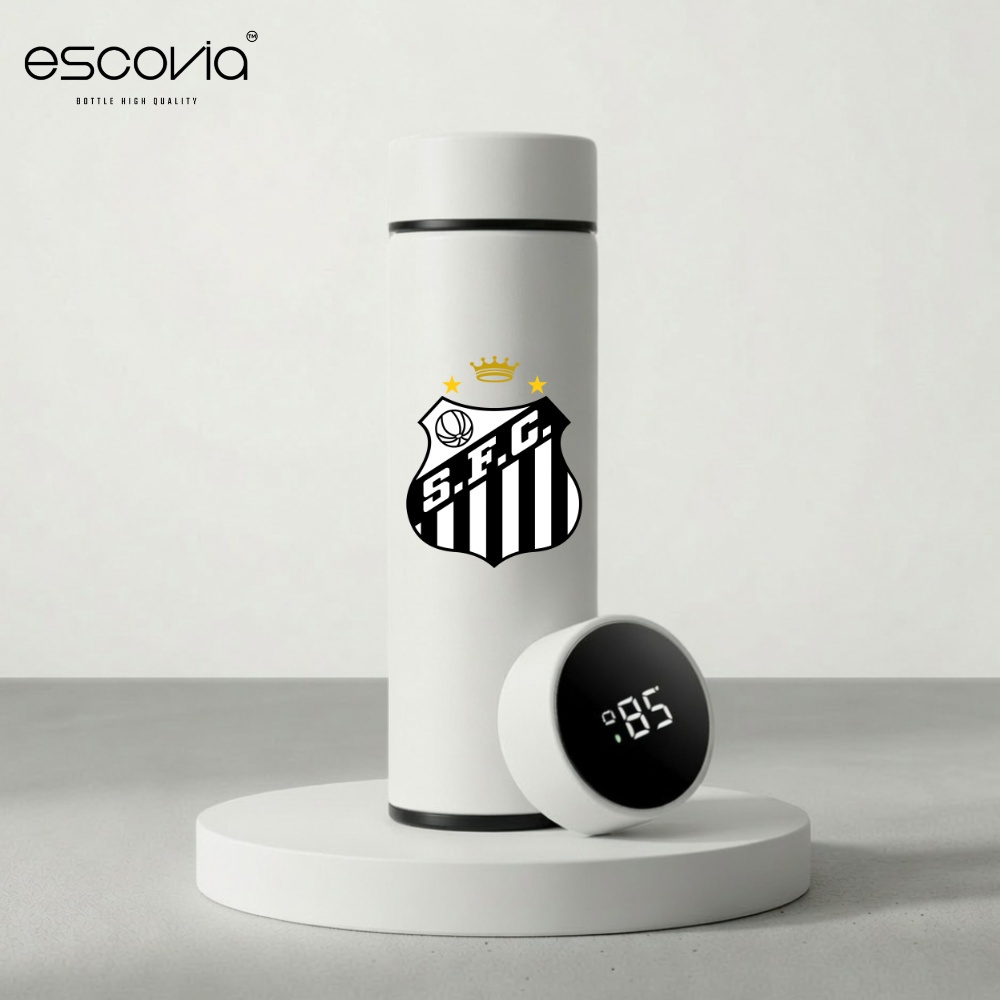 Garrafa Térmica Futebol Time Santos Futebol Clube Aço Inoxidavel 500ml com Medidor De Temperatura Digital