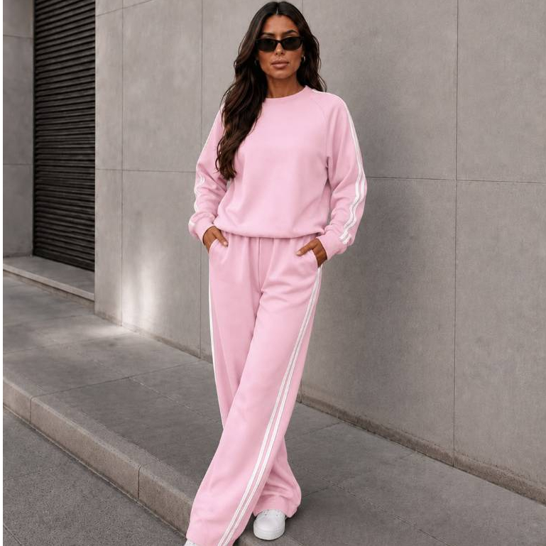 Conjunto Moletom Feminino 3 cabos Blusa + Calça Pantalona Streetwear Listrado
