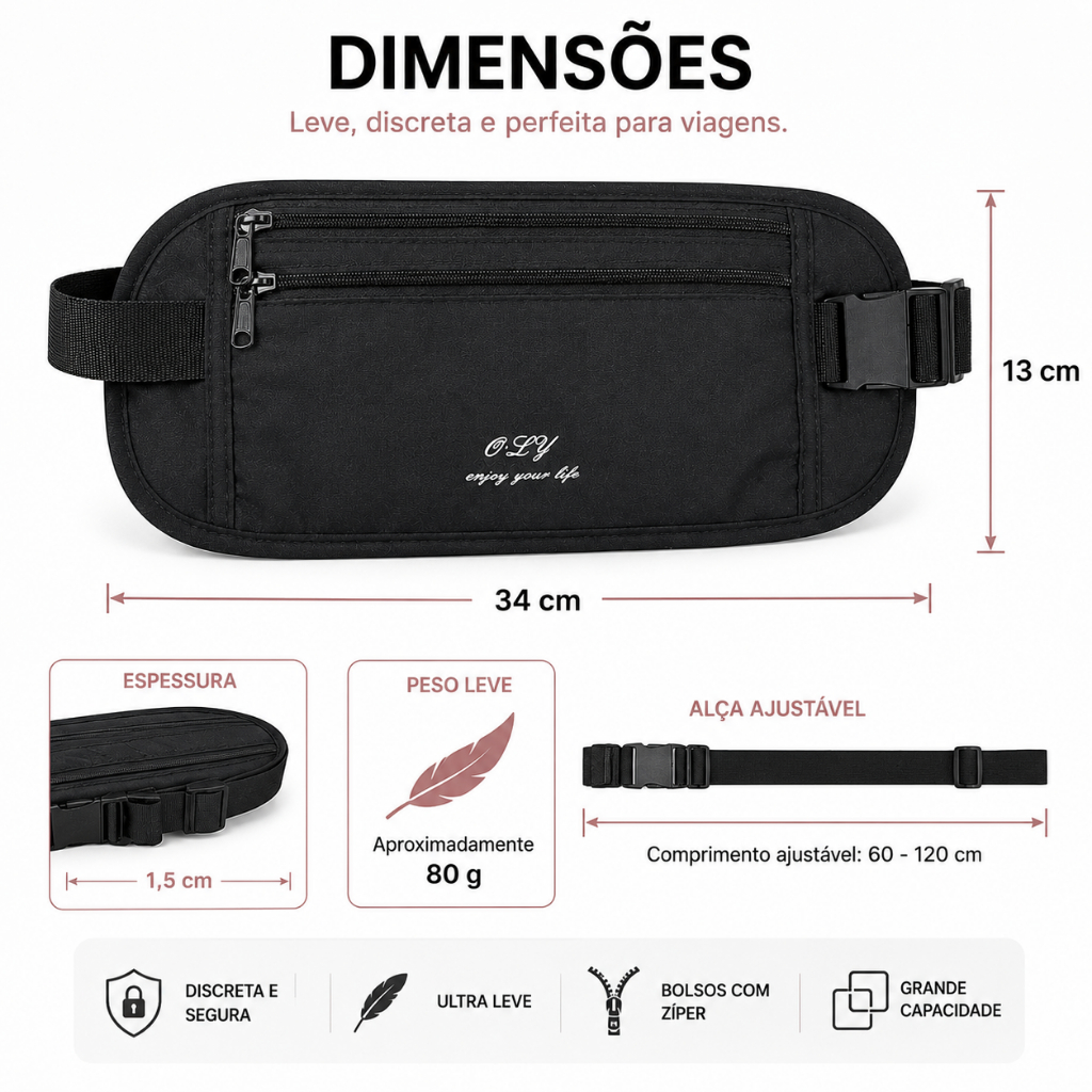 Pochete de Segurança Antifurto Porta Passaporte Celular Documentos Viagem Ajustável Unissex — imagem 2 de 2