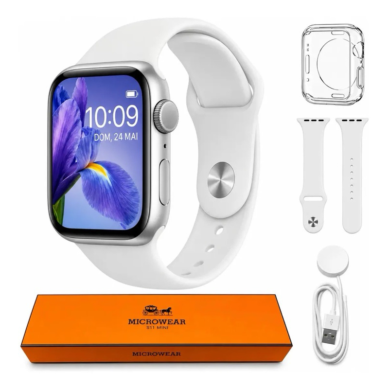 Relogio Microwear Smartwatch S11 Mini Series 11 42mm Whatsapp Gps Nfc Modo Esporte Fitness inteligente Prateado Branco