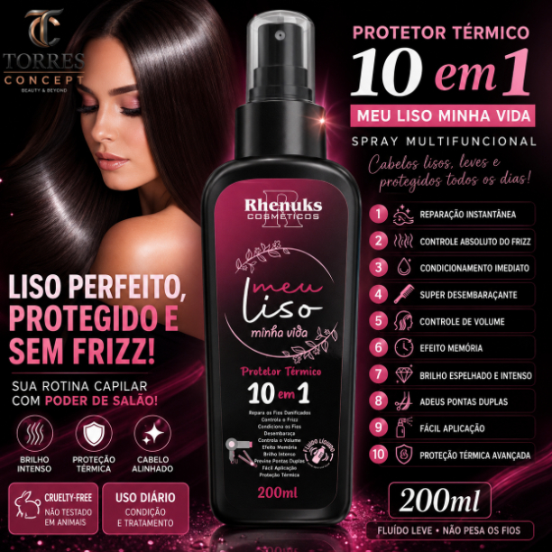 Protetor Térmico 10 em 1 Meu Liso Minha Vida Rhenuks 200ml Spray Anti Frizz Brilho Liso Perfeito