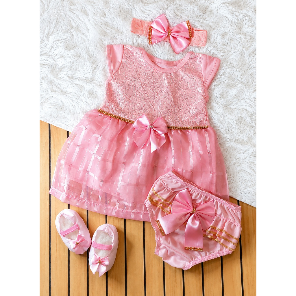 Detalhes do Kit 4 Peças Vestido Renda Luxo 0 a 12 Meses Calcinha Bunda Rica Laço Sapatinho Festa Batizado