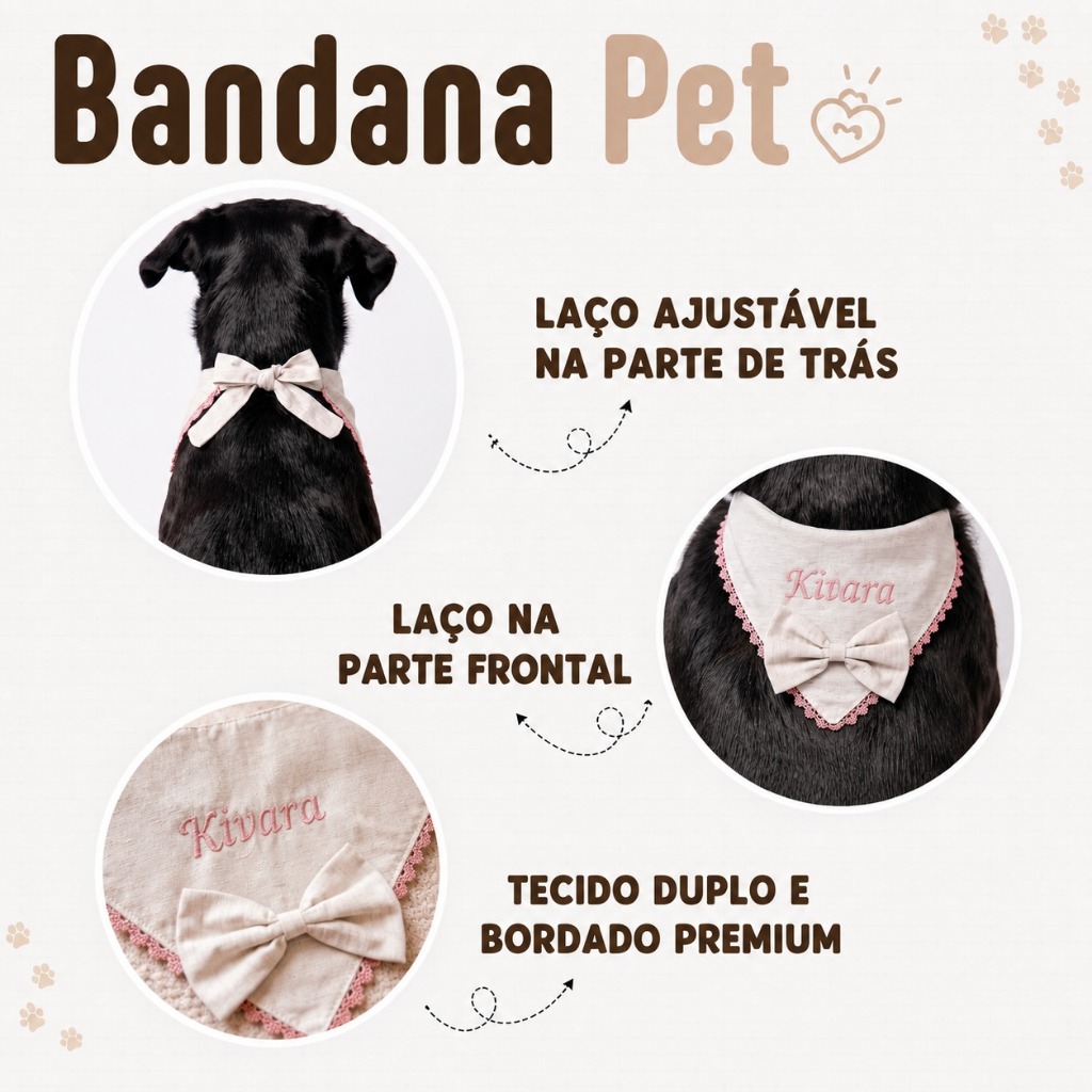 Bandana pet femêa nome bordado com detalhe rose renda luxo premium para cachorros pequenos e grandes — imagem 2 de 2