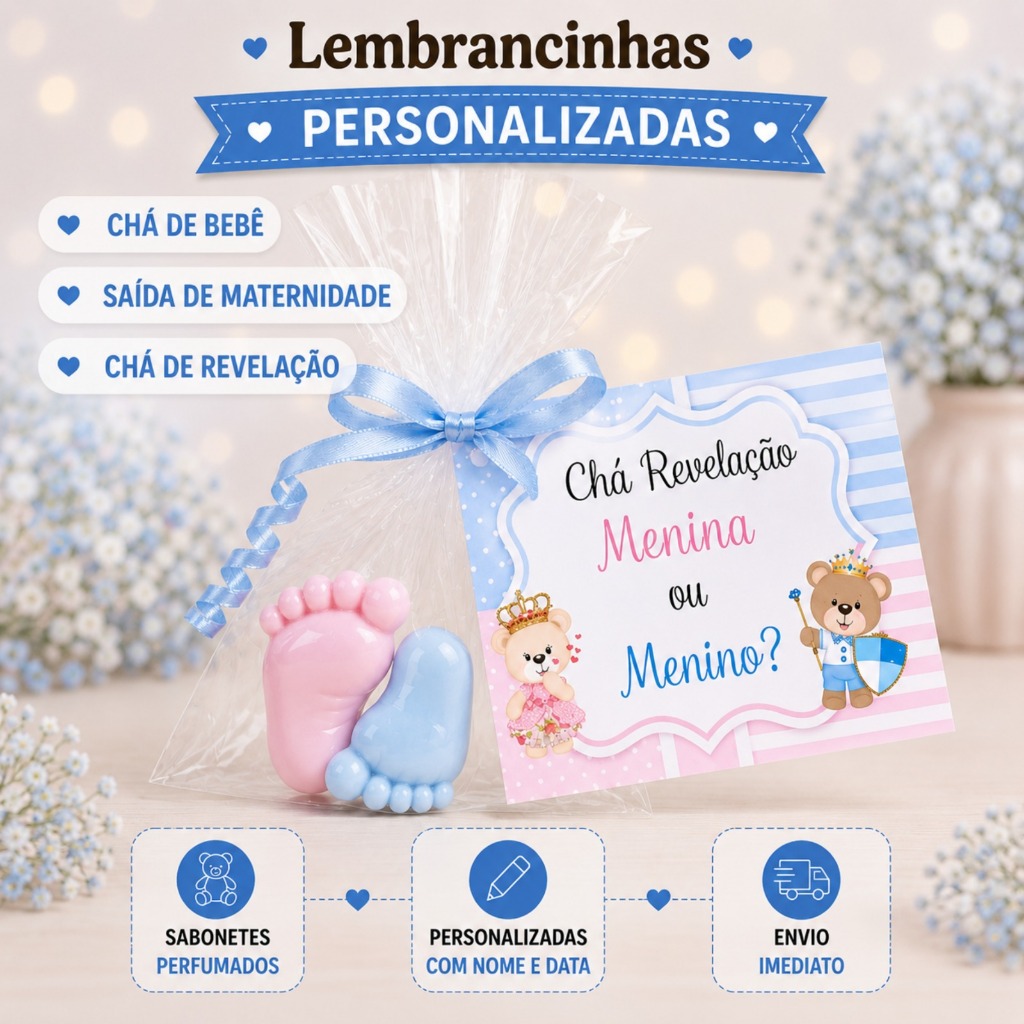 Lembrancinhas 60 Mini Pezinhos - Chá de Fralda (30 Pares) Sabonetes Perfumados. Revelação
