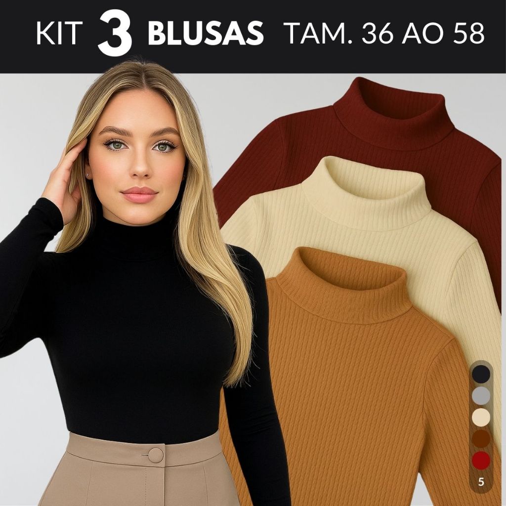 KIT 3 Blusa Gola Alta Feminino Blusa Segunda Pele Feminino Blusas Cacharrel Feminino