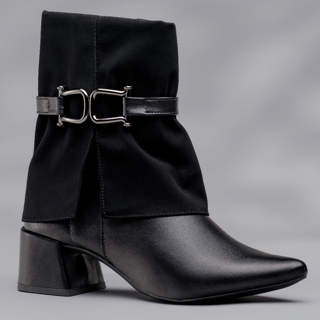Bota Feminina Bico Fino Blogueira Salto Bloco Shekinah Capa Detalhe Enfeite Lateral Zipper Moda