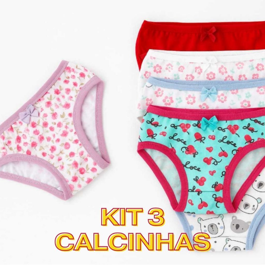 Kit 3 Calcinhas Infantil Menina Algodão Confortável Cós Elástico Estampadas