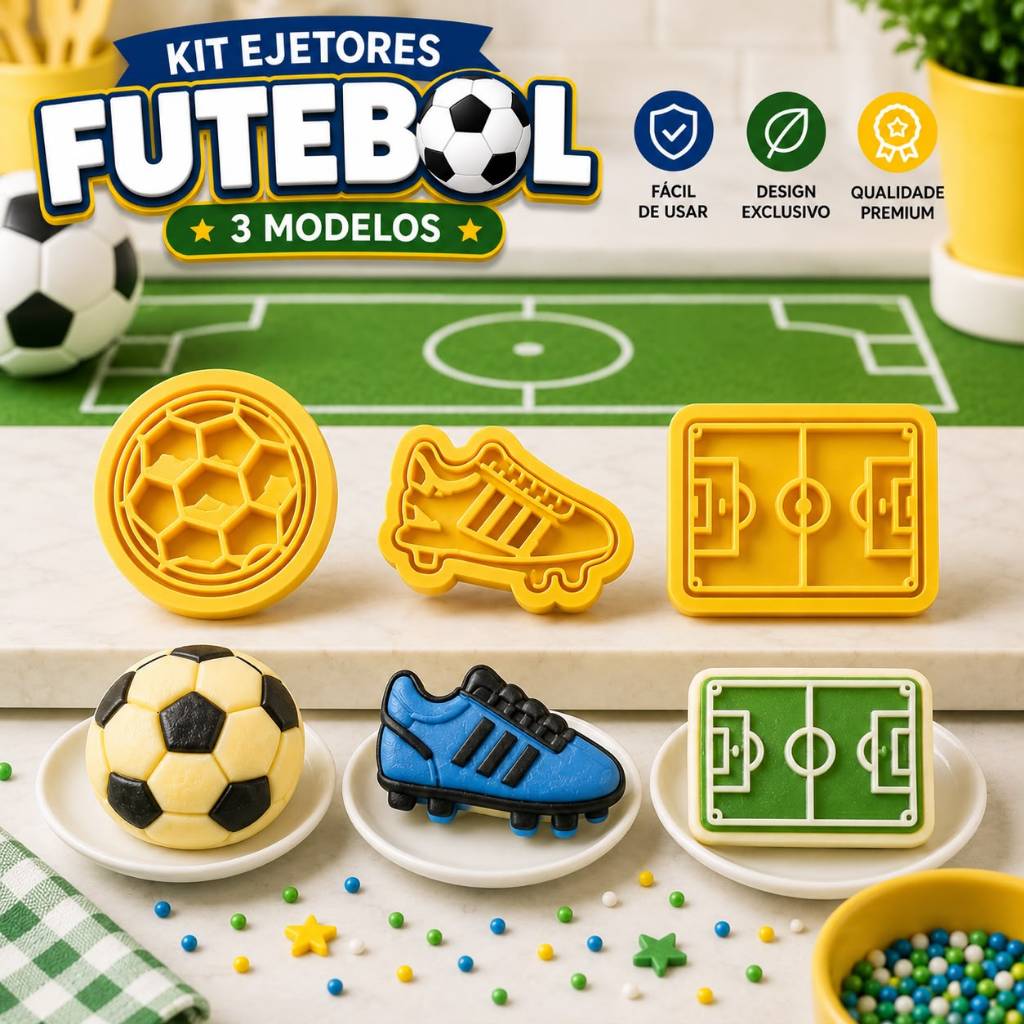 Kit Ejetor para Brigadeiro Futebol 3 Peças Bola, Chuteira e Campo Molde para Doces Pasta Americana e Confeitaria Gourmet
