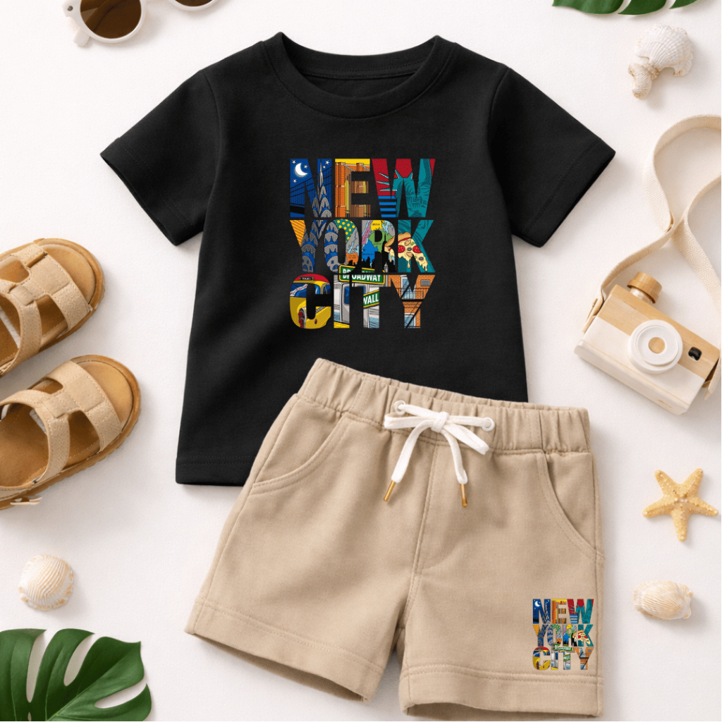Conjunto Infantil para meninos - Estiloso para o Verão - New York City - Camiseta 100% Algodão e Short Moletinho
