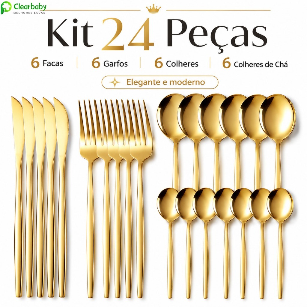 Kit Talheres 24 Peças Luxo | Garfos, Facas e Colheres em Aço Inoxidável Dourado