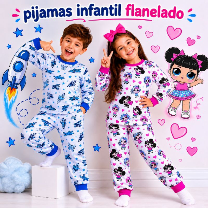Pijama infantil manga longa moletinho flanelado 100% algodão inverno estampas sortidas menino e menina