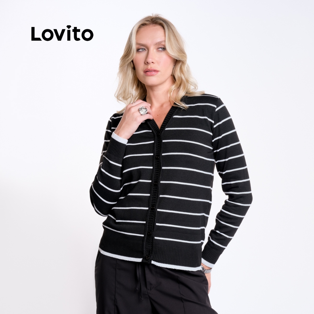 Lovito Cardigan Feminino de Tricot Listrado Moda Inverno BRCDB19211951