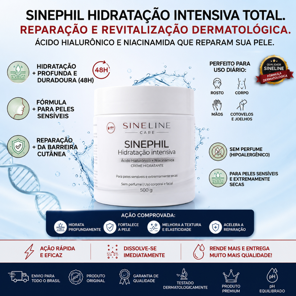 Creme Hidratante Sinephil 500g - Ácido Hialurônico + Niacinamida (Hidratação 48h Pele Sensível / Seca)
