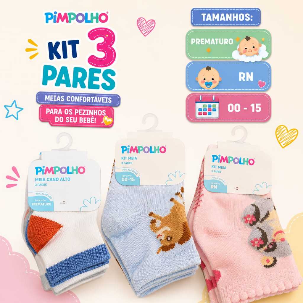 Kit 3 Pares Meia Pimpolho Algodão Antiderrapante Bebê Infantil Feminina Cano Alto Menina Recém Nascido RN 1 Ano  4.9  91