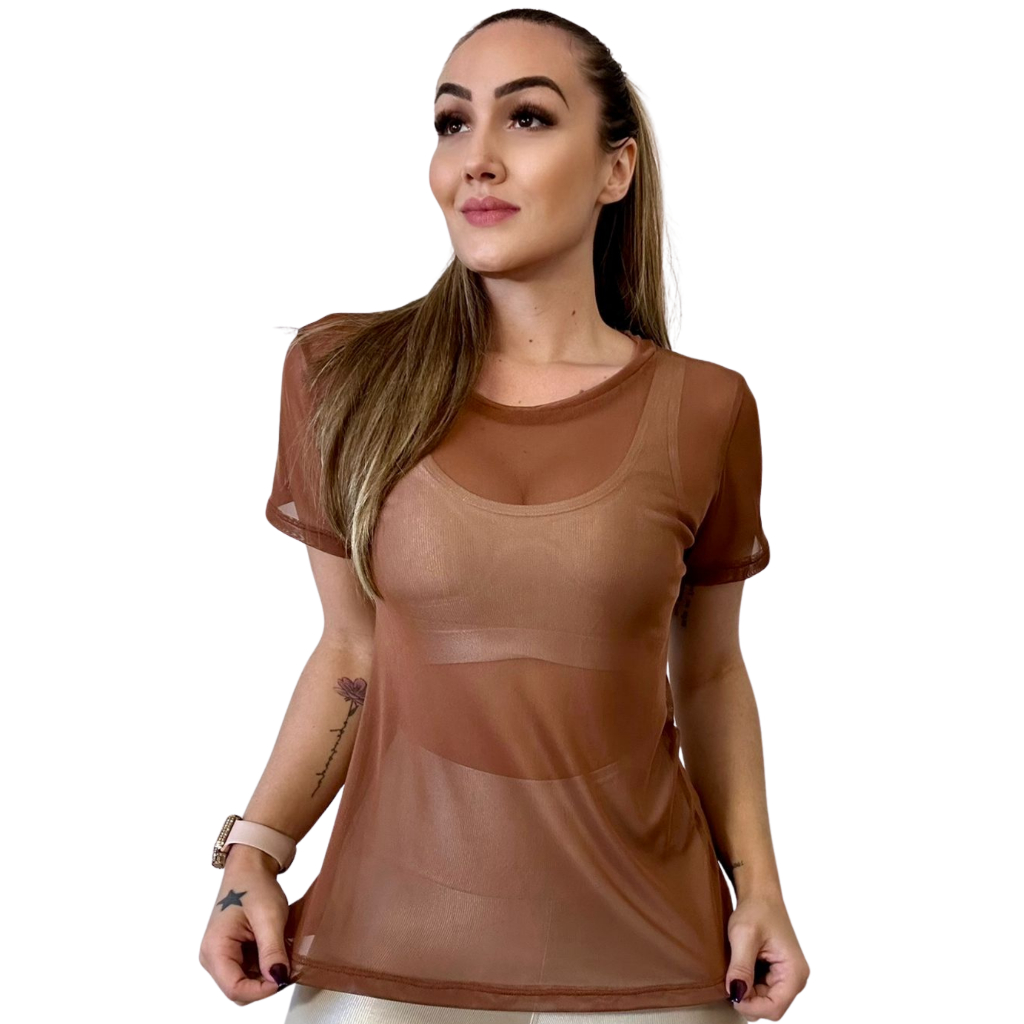 Blusa Do Brasil Feminina Tule Transparente Fitness Camiseta Copa Do Mundo