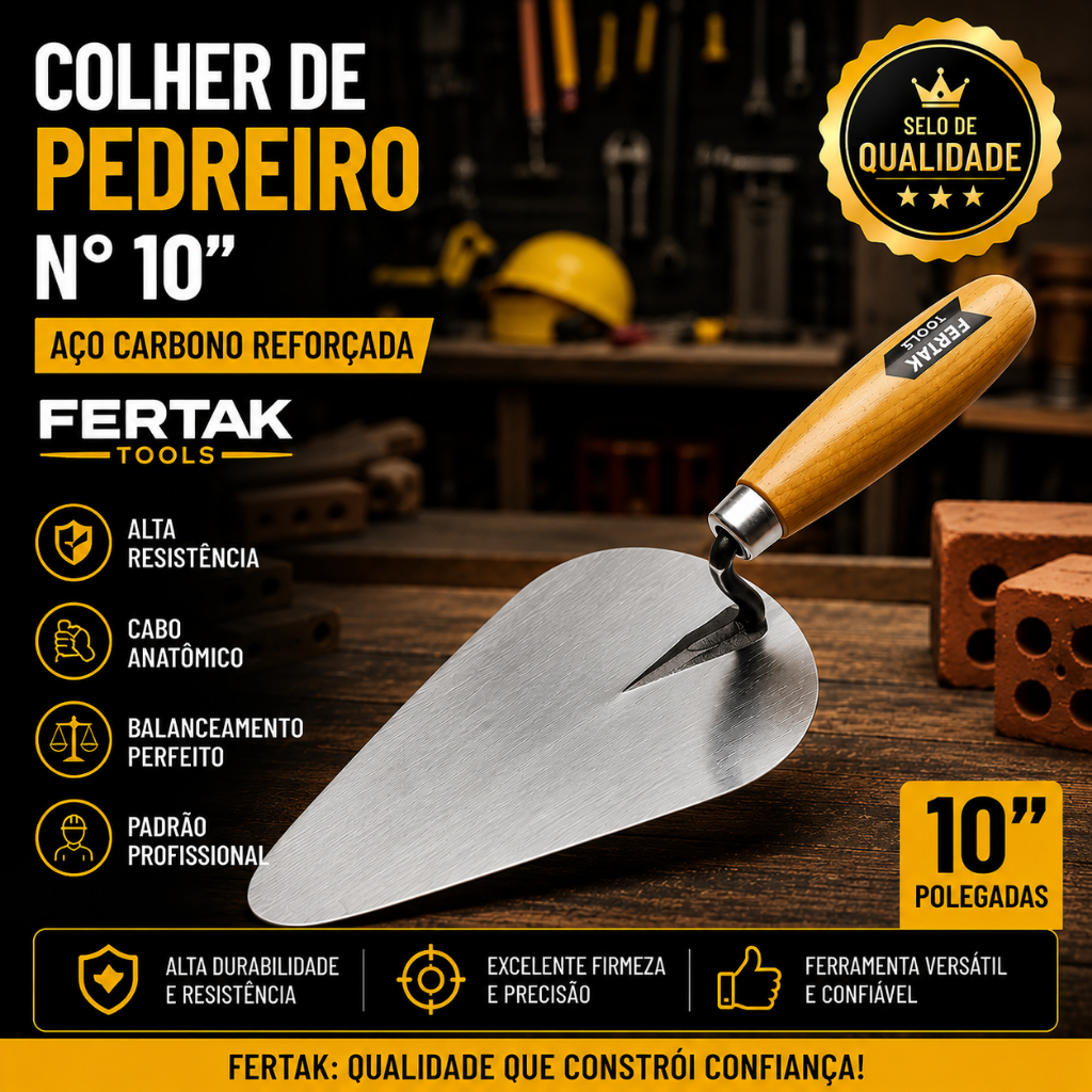 Colher de Pedreiro N° 10" Fertak Aço Carbono Reforçada Profissional Construção Alvenaria