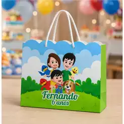 Sacola Ondulada Bento e Toto Personalizada com Nome e Idade Lembrancinha Aniversario Bolsa de Papel (20x15x5)