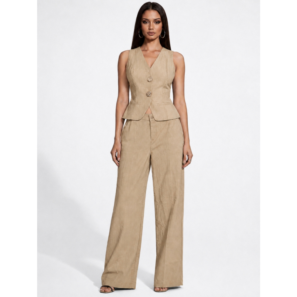 Conjunto Feminino Alfaiataria Colete sem Mangas e Calça Pantalona – Elegância Minimalista