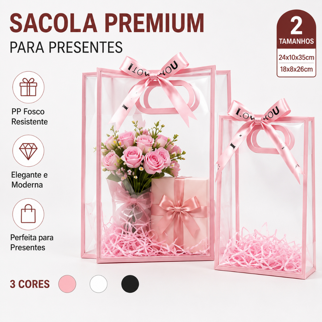 10/20/30 Sacolas de Presente PP Fosco com Borda Transparente Alças Reforçadas Reutilizáveis para Festas e Casamentos