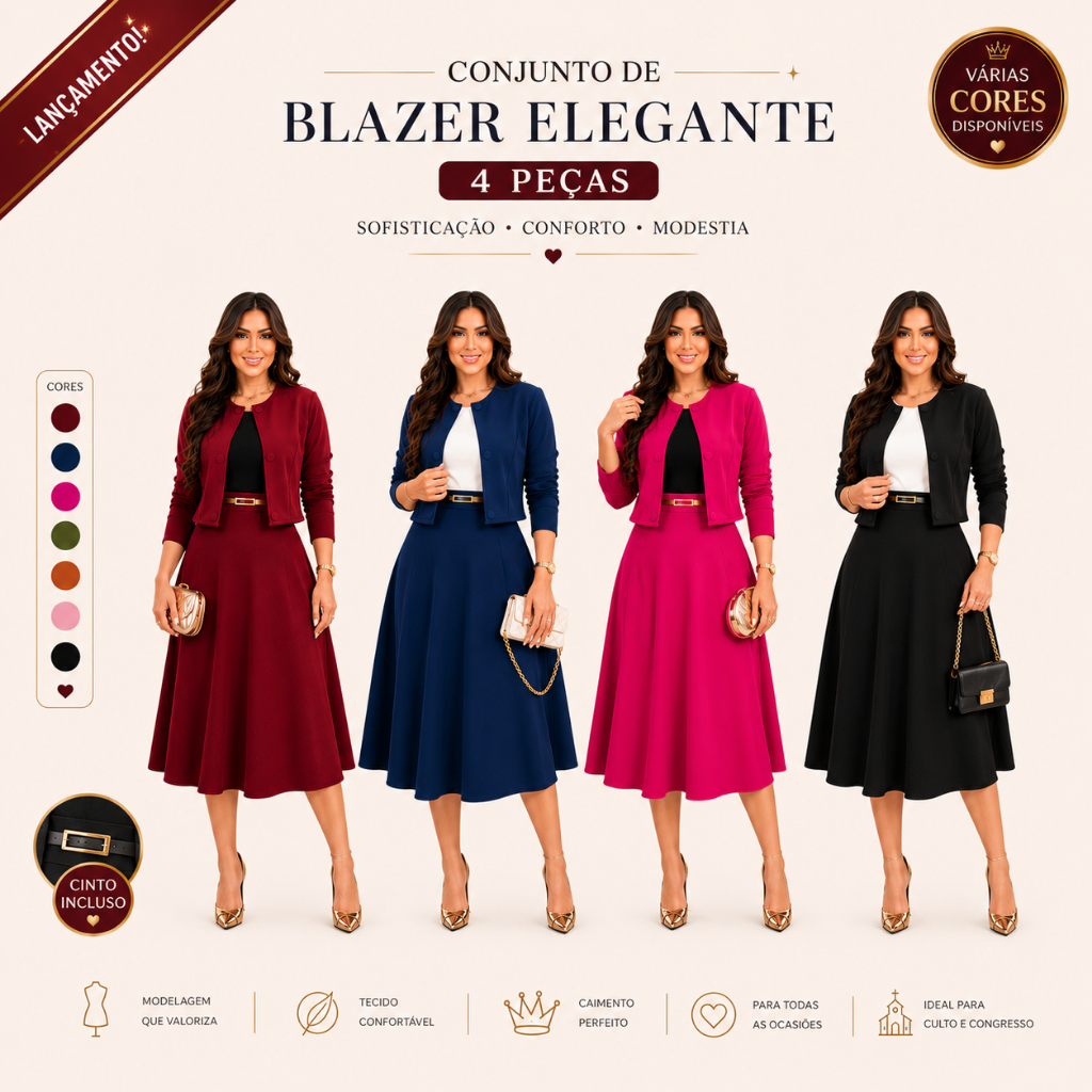 CONJUNTO FEMININO 4 PEÇAS BLAZER SAIA MIDI BLUSA E CINTO | MODA MODESTA; SOCIAL; ELEGANTE; CONGRESSO