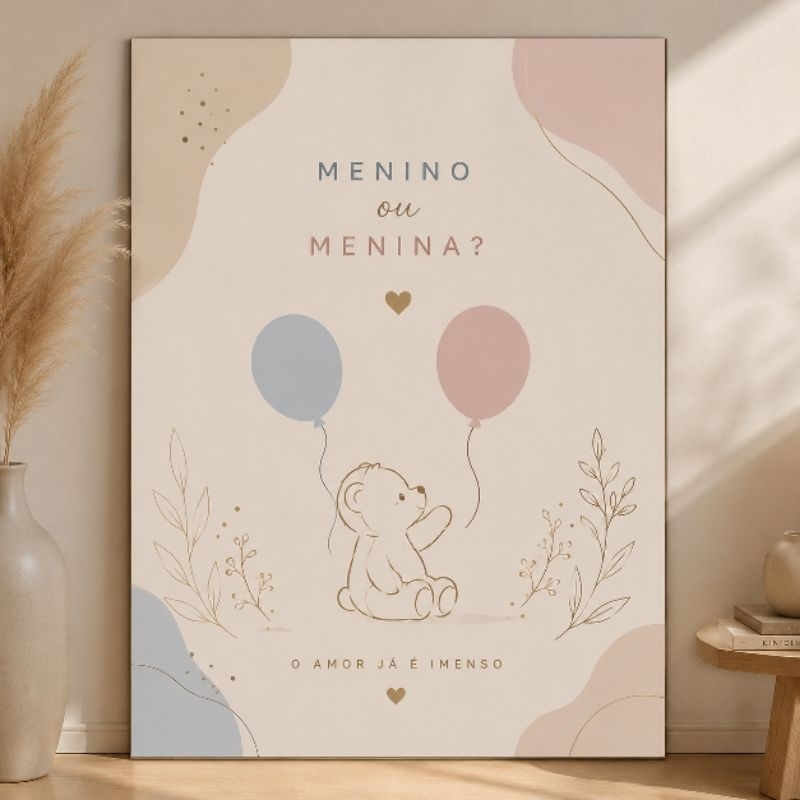 Quadro Decorativo Chá Revelação Menino ou Menina Ursinho Balões Rosa Azul Sem Moldura