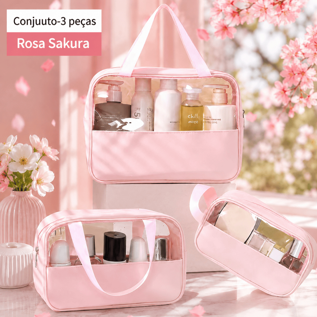 peças: bolsa de maquiagem transparente e minimalista com costura em patchwork, bolsa de higiene pessoal